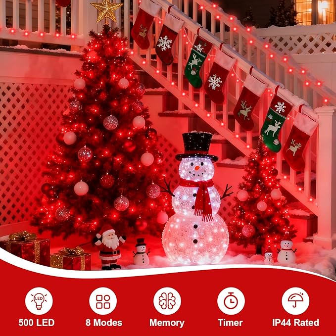 QITONG 165ft 500 LED Red Christmas Lights, Clear Wire Outdoor String Lights Plug in, 8 Modes Twinkle Xmas Light Indoor