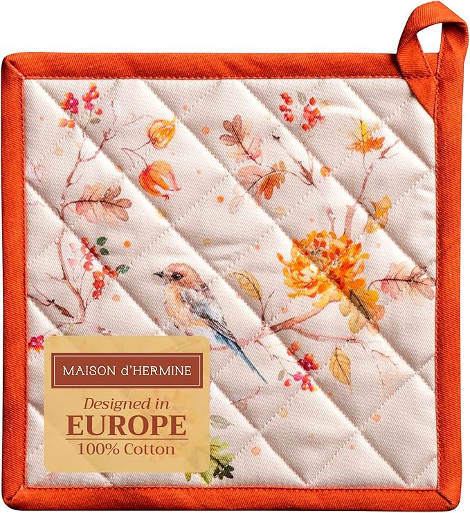 Maison d' Hermine Pot Holders 100% Cotton Heat Resistant Potholders 8" x 8" Hot Pads with Loop for Thanksgiving Christmas Decorations BBQ Cooking Baking Handling Hot Pans (Pack of 1, Kelim - Prairie)