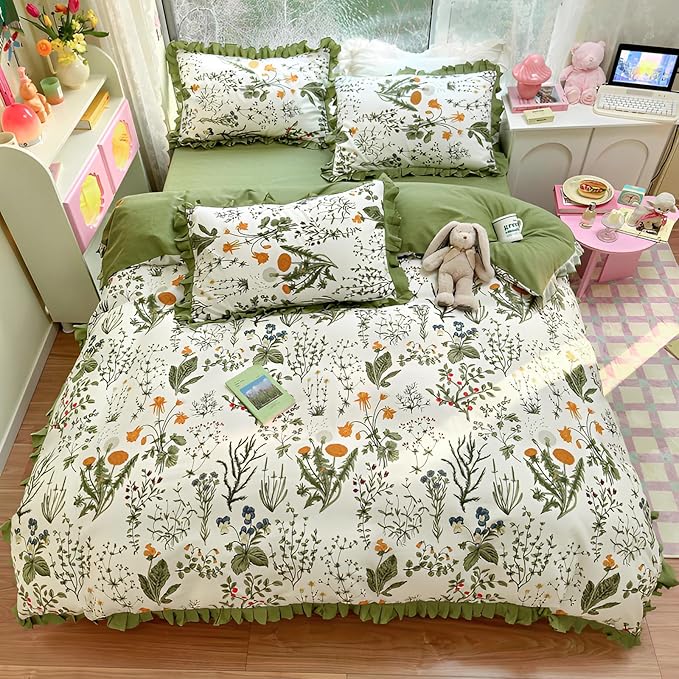 Romantic Green Floral Duvet Cover Queen 3 Pieces Ruffle Duvet Cover Girls Flower Comforter Cover 100% Cotton Vintage Floral Green Lace Bedding Cottagecore Flower Comforter Cover with 2 Pillowcases