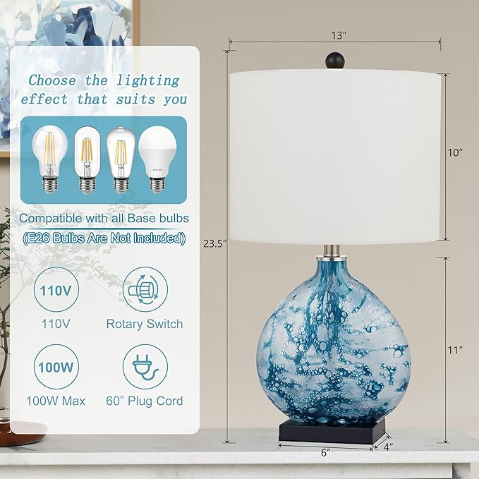 Maxax 24" Coastal Glass Table Lamp, 3-Way Dimmable Blue Glass Bedside Lamp with White Drum Shade for Living Room Bedroom Nightstand