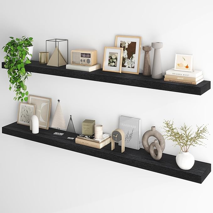 Fun Memories 66 Inch Fireplace Mantel - Long Floating Shelf, Wall Mounted Farmhouse Display with Invisible Heavy Duty Metal Bracket, Black, 2 Pack