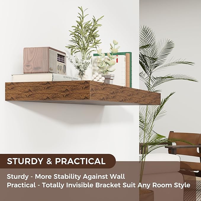 Floating Shelves for Wall, 40" W x 12" D x 2" H, 1 Pack of Long Wall Mounted Engineered Wood Shelves with Invisible Brackets for Living Room, Bedroom, Bathroom, Kitchen Decor, Brown