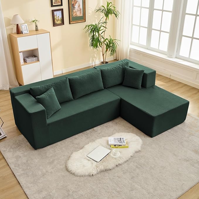 PUREMIND 106" Cloud Sectional Couch for Living Room, Corduroy L Shape Sofa with Deep Seat, Modern Green Couches Modular Boneless Foam Couch Corner Couches, No Assembly Required