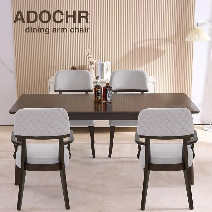 Modern Wood Dining Chairs with Arms, Velvet Upholstered Kitchen Chairs with Black Hardwood Legs & Open Curved Backrest, Accent Chairs 350 LBS Capacity, Grey