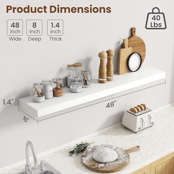 48 Inch Floating Shelves for Wall, 8 Inch Deep Floating Shelf for Storage & Display, Rustic Wall Mounted Shelf with Invisible Brackets for Living Room, Kitchen, Bathroom, Home Decor, Set of 2, White