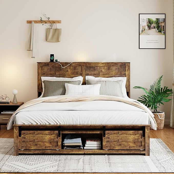 Wooden Queen Size Bed Frame with Headboard, Boho White Farmhouse Storage Bedframe with Sliding Barn Door Footboard and Charging Station, Wood Slats, No Box Spring Needed (Brown, Queen)