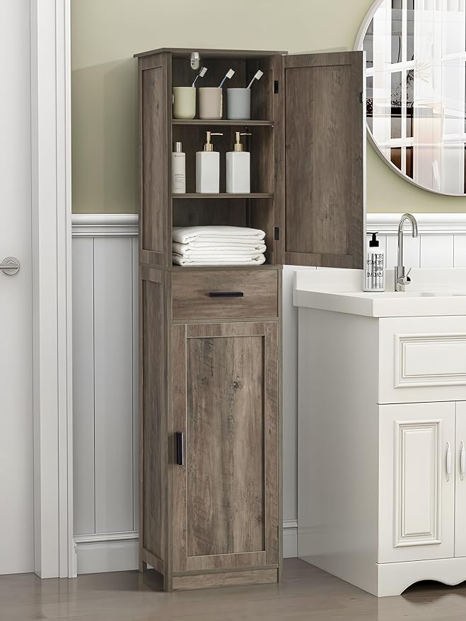 usikey 67'' Tall Storage Cabinet, Narrow Bathroom Floor Storage Cabinet with 4 Shelves & 2 Doors, for Bathroom, Living Room, Rustic Gray