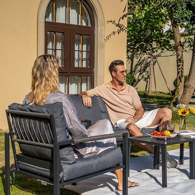 Metal Patio Furniture Set w/Fire Pit Table, 6-Piece Modern Outdoor Conversation Set with 5-Inch Thick Cushions, Outdoor Furniture Set for Garden, Backyard, Balcony, Poolside (Dark Grey)