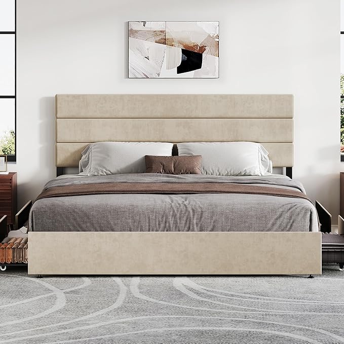WLIVE King Size Upholstered Bed Frame with 4 Drawers and Velvet Square Tufted Headboard, Sturdy Metal & Wooden Slats Support, No Box Spring Needed, Easy Assembly, Beige