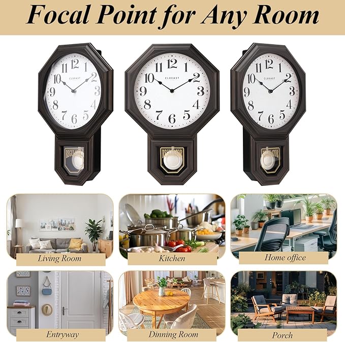 CLXEAST Pendulum Wall Clocks for Living Room Decor, Large Schoolhouse Regulator Clock with Pendulum,Oil Rubbed Bronze Black Plastic,House Warming Gifts New Home,12" W x 17" H