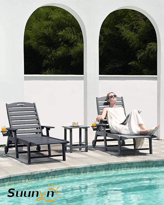 Modern Grey Polypropylene Lounge Chair Outdoor, 6-Position Adjustable Chaise Lounge with Wheels, Cup Holder, for Pool, Patio, Backyard