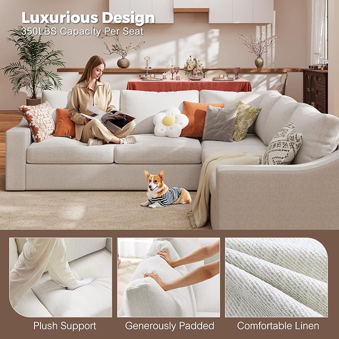 ABCASA 112" Modular Sectional Sofa, Large 5 Seater L Shaped Couch with Detachable Sofa Cover, Movable Ottoman, Deep Seat Corner Couch for Living Room, Apartment - Linen Fabric, Ivory
