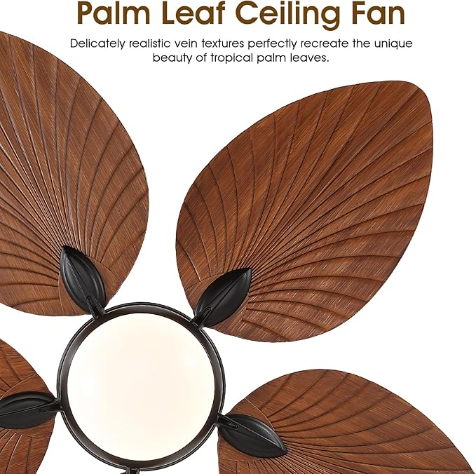 Ceiling Fans with Lights and Remote/APP Control, 52 Inch Tropical Palm Leaf Ceiling Fan with LED Lights, Outdoor Ceiling Fans for Patios Porch, Reversible Quiet Motor, Dimmable, Brown
