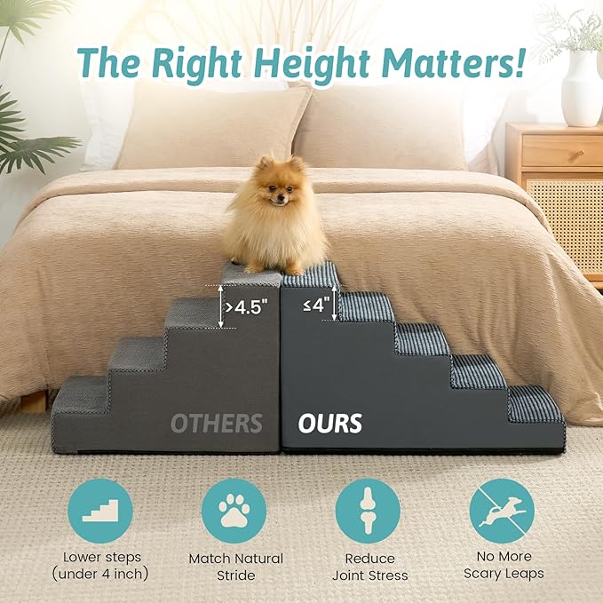Slope Dog Stairs 17.7" H, Pet Steps for Couch Bed with Washable Cover, Non-Slip Foam Dog Ramp for Small Old Puppy Cats, 5 Step, Charcoal Grey