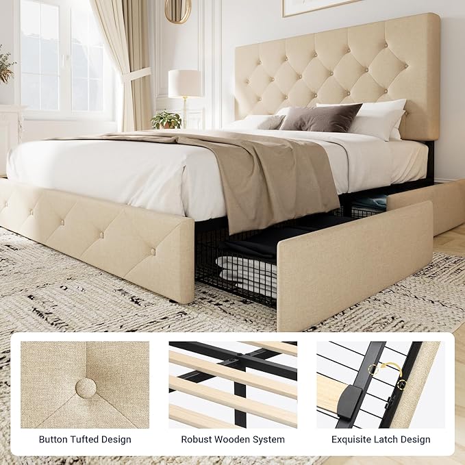 Allewie Upholstered Full Size Platform Bed Frame with 4 Storage Drawers and Headboard, Diamond Stitched Button Tufted, Mattress Foundation with Wooden Slats Support, No Box Spring Needed, Beige