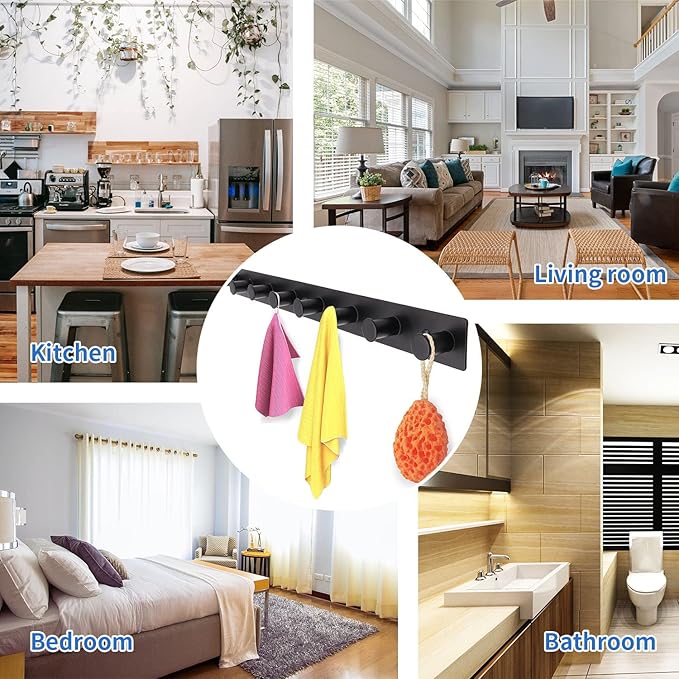 Coat Rack Wall Mounted, White Coat Hooks Screw in, Stainless Steel Door Hooks for Hanging Hat Towels Clothes, Hook Rail with 8 Round Hangers (Black, 8 Hooks)