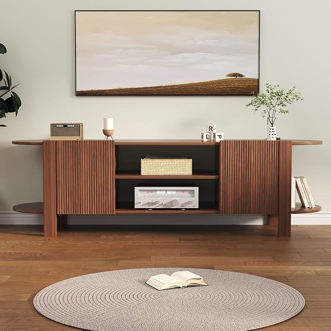 65 Inch TV Stand for Up to 75 inch TVs, Fluted Entertainment Center with Adjustable Shelve, Curved Round Corner TV Console Table with Storage Cabinet for Living Room, Bed Room (Walnut Color)