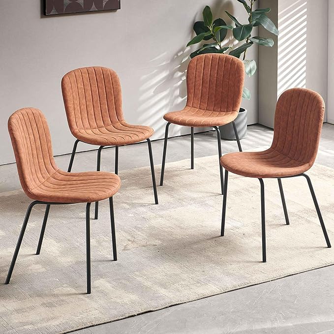 Set of 4 Upholstered Dining Chairs, Vintage Home Kitchen Chairs Faux Leather PU, Modern Mid-Centuray Accent Chairs with Metal Legs for Vanity