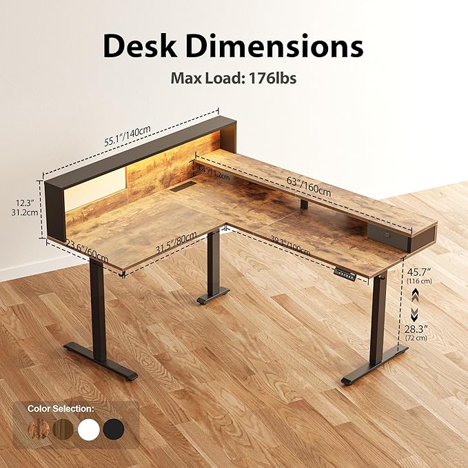 Agilestic L-Shaped Electric Standing Desk, 63x55 Inch Ergonomic Adjustable Height Desk with Storage, Stand Up Corner Desk Sit Stand Computer Table Power Outlet & LED Lights, Office Table, Rustic Brown