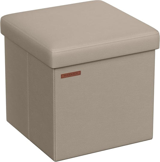 SONGMICS Mazie Collection - 15 Inches Ottoman with Storage, Footstool, Storage Ottoman, Load 660 lb, for Dorm, Living Room, Bedroom, Synthetic Leather, Camel Brown ULSF010K03