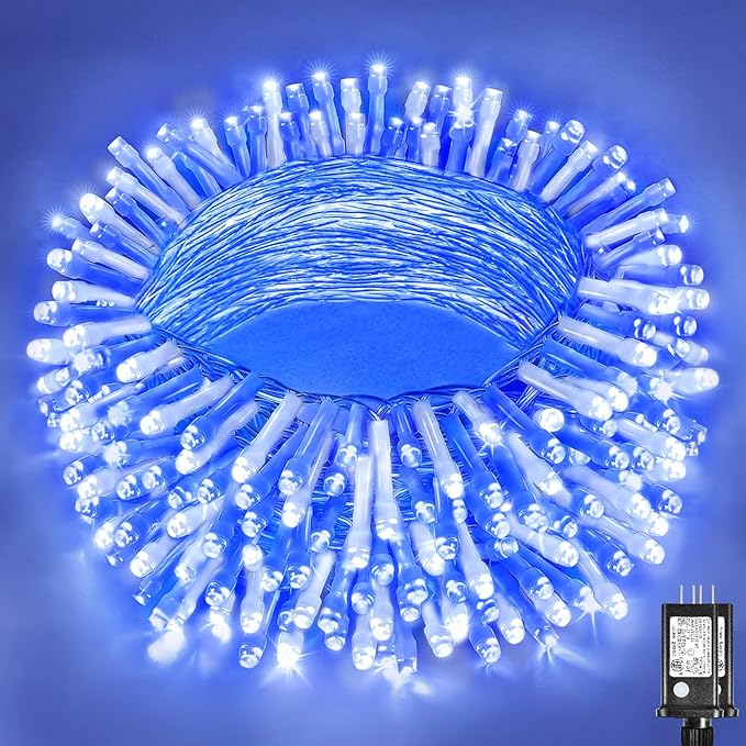 Vivideal 300 LED Christmas Lights Outdoor, 100ft Christmas String Lights 8 Modes Plug in Waterproof Fairy Lights with Timer Memory for Indoor Outside Bedroom Home Party Decoration, Blue&White