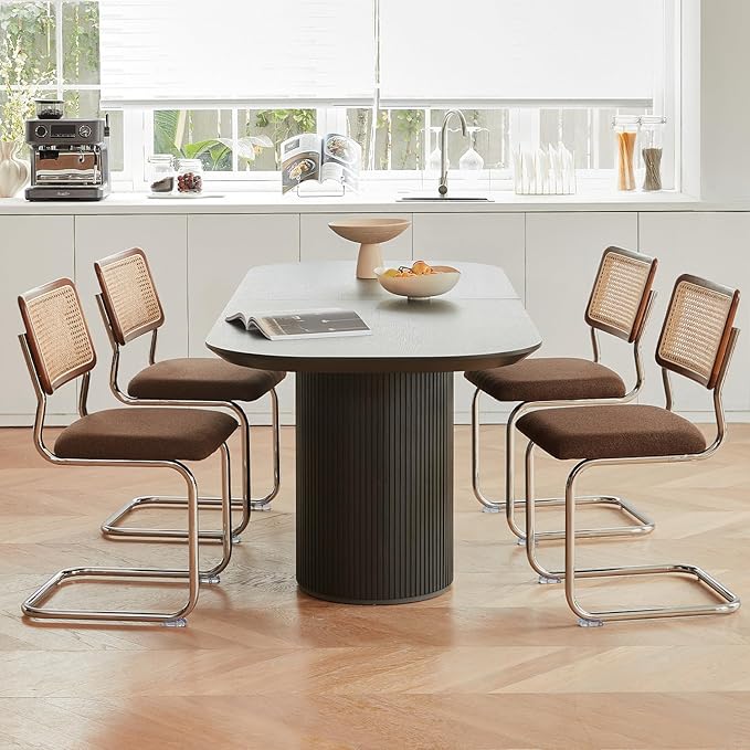 Brown Rattan Dining Chairs Set of 2, Wooden Mid-Century Modern Kitchen Chairs, Mesh Back Cane Dining Room Chairs, Cesca Chair with Metal Chrome Legs