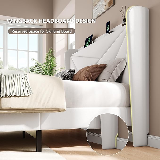 iPormis Queen Size Bed Frame with Charging Station, Velvet Platform Bed Frame with Wingback Upholstered Headboard, Solid Wood Slats Support, No Box Spring Needed, Easy Assembly, White