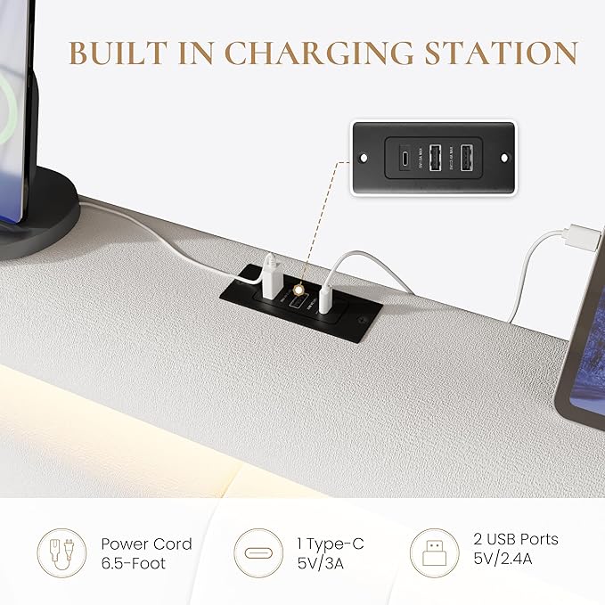 SHA CERLIN Queen Bed Frame with Charging Station and LED Lights, Modern Velvet Platform Bed with Upholstered Geometric Wingback Headboard, No Box Spring Needed, Easy Assembly, White