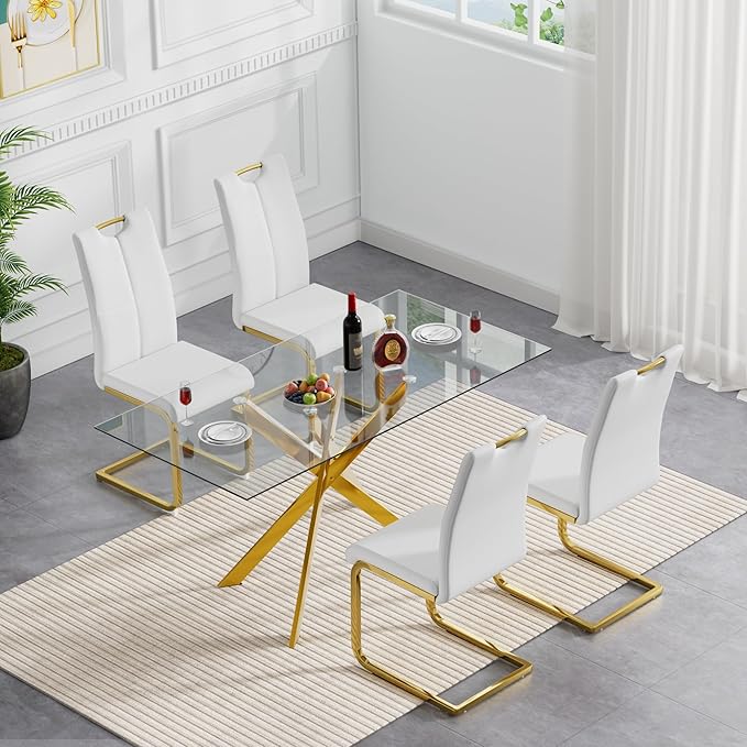 51'' Gold Glass Dining Table Set for 4,5 Piece Kitchen Table and Chairs Set with Metal Legs and 4 PU Leather Dining Chairs for Kitchen Room Small Spaces