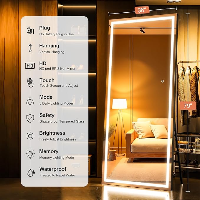 Full Length Mirror with Lights, 79" x 36" Large LED Lighted Floor Standing Body Mirror, Dimmable & 3 Color Lighting for Bedroom, Cloakroom, Dressing Room, Leaning & Hanging, Square Black