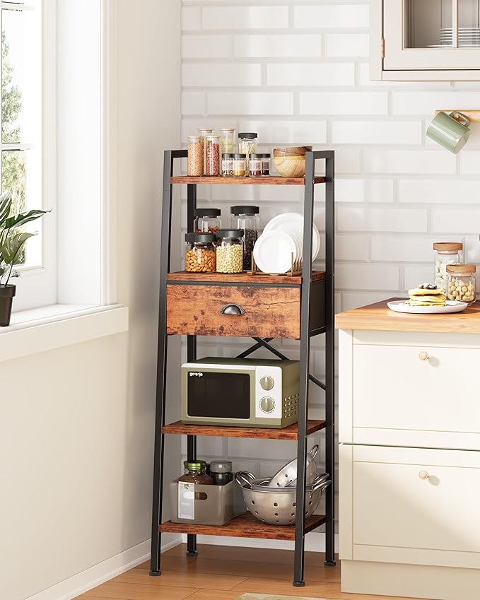 Furologee 4 Tier Ladder Shelf, Narrow Ladder Bookshelf with Drawer, Modern Freestanding Bookcase, Storage Shelves Organizer for Bathroom,Kitchen,Bedroom,Living Room,Rustic Brown