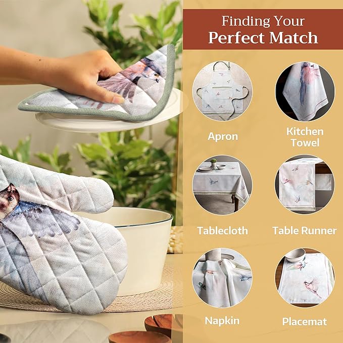 Maison d' Hermine Oven Gloves 100% Cotton Easter Oven Mitt Heat Resistant BBQ Cooking Gloves with Loop for Grilling, Microwave, Barbeque, Flying Birds Spring/Summer (Oven Mitt (7.5''''x13''''))