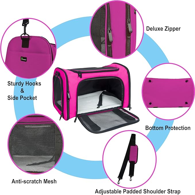 Soft Sided Carrier for Small Medium Cats Dogs,Removable Pad Collapsible Travel Pet Carrier Large Magenta