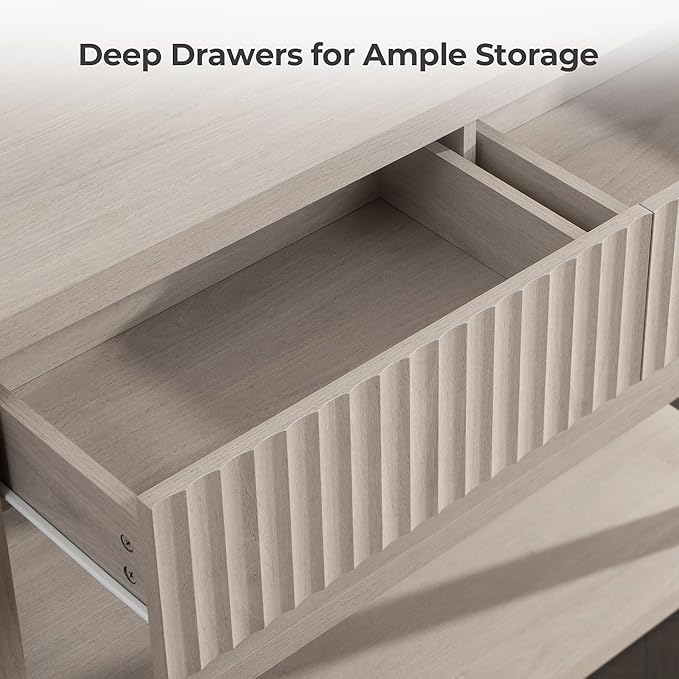 SICOTAS Fluted Entryway Table with Storage, 88.26" W Console Table with 4 Drawers & 4 Tier Storage Shelves, Modern Sofa Table Behind The Couch for Living Room, Entrance, Hallway, Foyer, White Alder