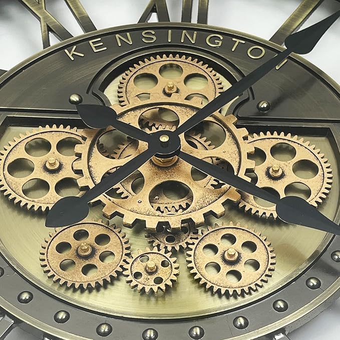 DORBOKER Real Moving Gears Wall Clock Large Modern Metal Clocks for Living Room Decor, Industrial Steampunk Unique Vintage Rustic Decorative Clock for Home Farmhouse Office, 21 Inch,Bronze Gold Roman