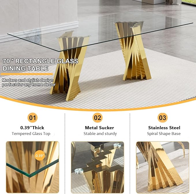 7 Piece Dining Table Set with 6 Green Dining Chairs, Modern Glass Kitchen Table and Chairs Set for 6, 70" Rectangle Gold Glass Pedestal Dining Room Tables with Flash-Shape Stainless Steel Base