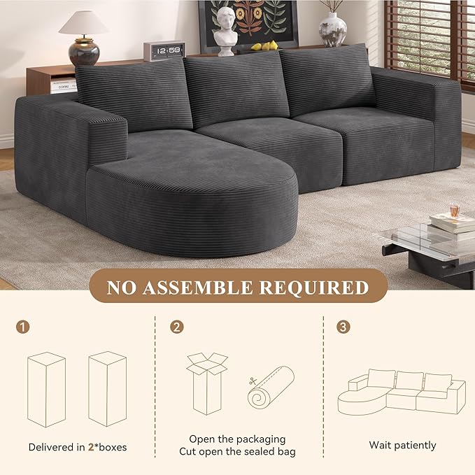 Modular Sectional Sofa with L-Shape Chaise,Cloud Sectional Modern Sleeper Couch with Deep Seat,Sponge Compression Sofas No Assembly Required (Dark Gray-Corduroy Fabric) 1PCS