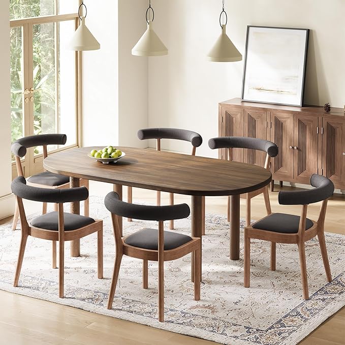 Kmax Dining Room Chairs Mid-Century Modern Fabric Kitchen Chairs with Natural Walnut Finished Frame, Linen Curved Back, Set of 6, Charcoal Black