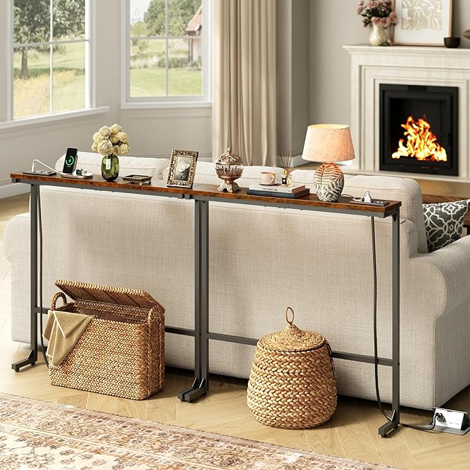 63 Inch Narrow Console Table with 2 Power Outlets, Behind Couch Table with Charging Station, Small Space Sofa Behind Table for Living Room, Entryway, Hallway, Rustic Brown