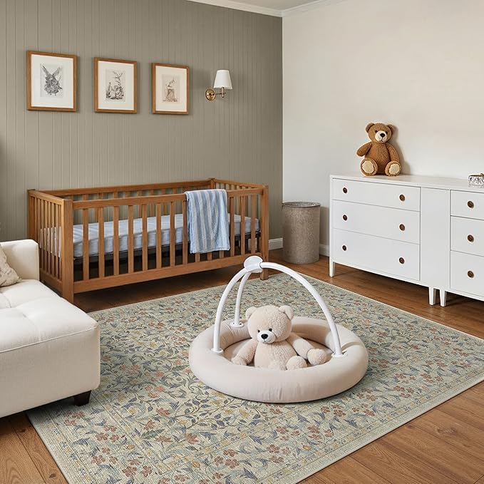 GENIMO 5x7 Washable Area Rug, Non-Slip Vintage Boho Floral Carpet, Soft Low-Pile Thin Bedroom Rug for Living Room, Dining Room, Nursery, Beige Blue