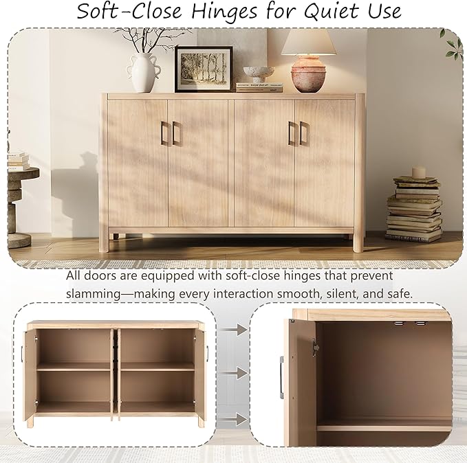 Farmhouse Wood 4-Door Cabinet Sideboard with Smooth Rounded Corners, Rustic Accent Entryway Console Table for Hallway Living Room Dining Room