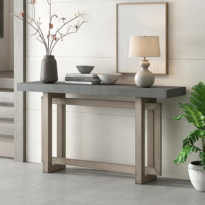 Knocbel Contemporary Console Table with Industrial-Inspired Concrete Wood Top, Minimalist Rectangular Entryway Table for Hallway Living Room Foyer Corridor, 59.1" W x 15.7" D x 31.7" H Gray
