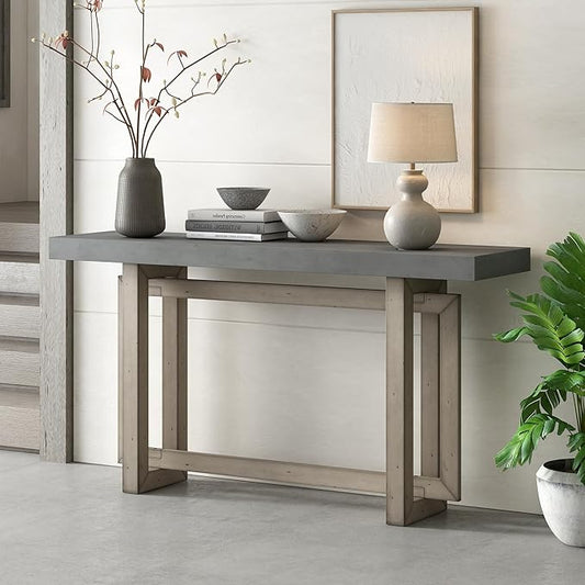 Knocbel Contemporary Console Table with Industrial-Inspired Concrete Wood Top, Minimalist Rectangular Entryway Table for Hallway Living Room Foyer Corridor, 59.1" W x 15.7" D x 31.7" H Gray
