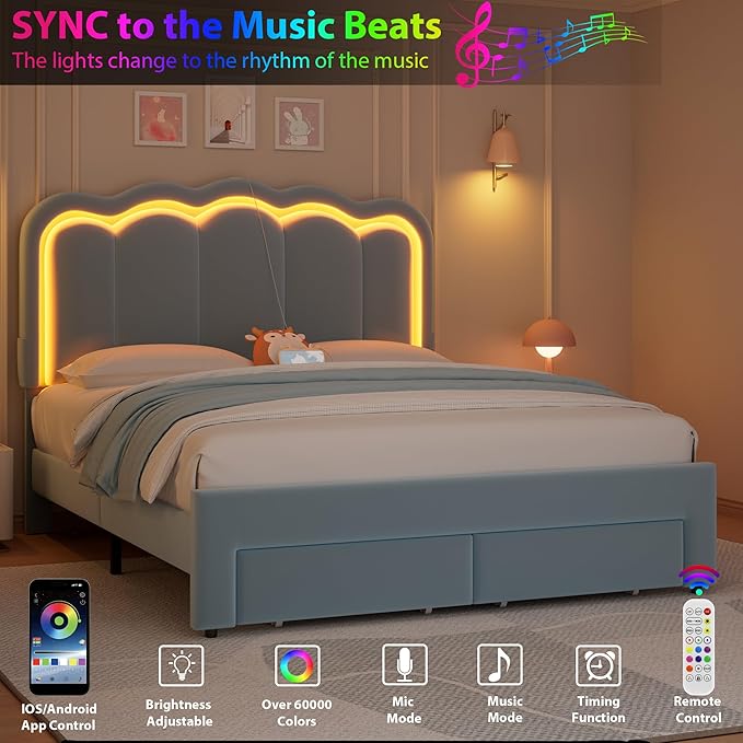 Full Upholstered LED Bed Frame with 2 Storage Drawers and Adjustable Chic Double Wavy Headboard, Velvet Princess Platform Bed with Charing Station, Solid Wood Slats Support,No Box Spring Needed,Blue