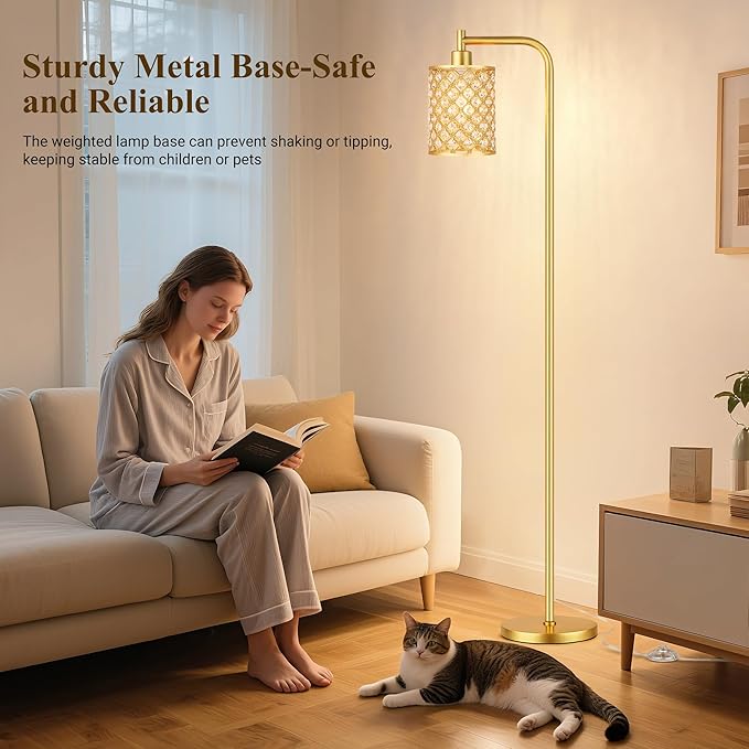 QiMH Industrial Floor Lamp for Living Room, Modern Standing Lamp with Crystal Lampshade Pedal Switch, 67” Tall Lamp for Bedroom Study Room, Gold(2700K LED Bulb Included)