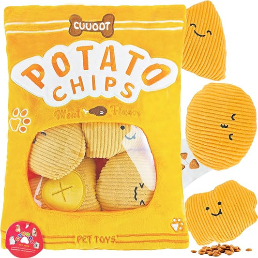 Dog Puzzle Toy, Crinkle Squeaky Interactive Dog Toys, Enrichment Treat Puzzle Dog Toy for Medium, and Large Dogs (Potato Chips)