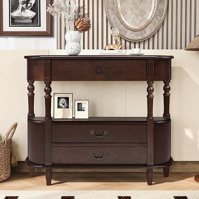 HMFULE Solid Wood Retro Curved Console Table, 43" Half Moon Console Table Sofa Table Entryway Table with 3 Drawers Open Shelf Pine Roman Legs Curved Corners for Living Room,Entryway,Hallway,Espresso