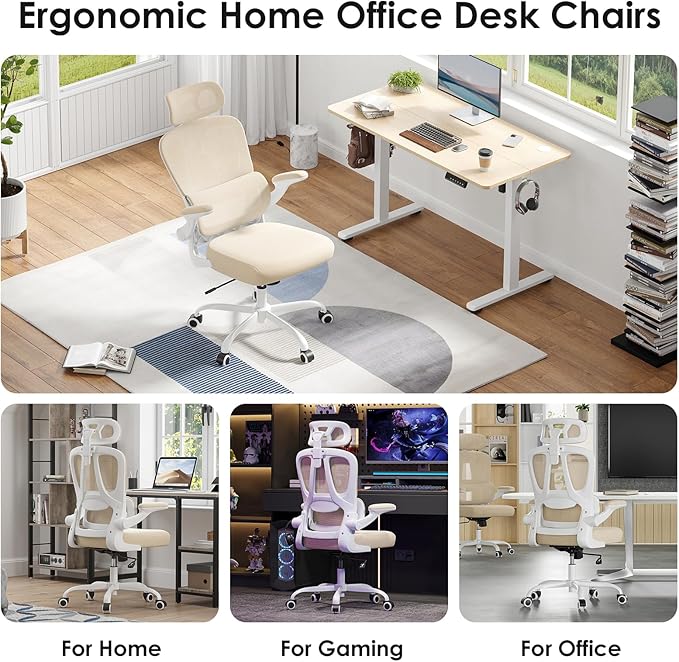 Farini Ergonomic Office Chair, Desk Chair with Headrest and Lumbar Support, High Back Swivel Home Office Chair with Headrest for Home Office Bedroom, Gifts, White & Khaki