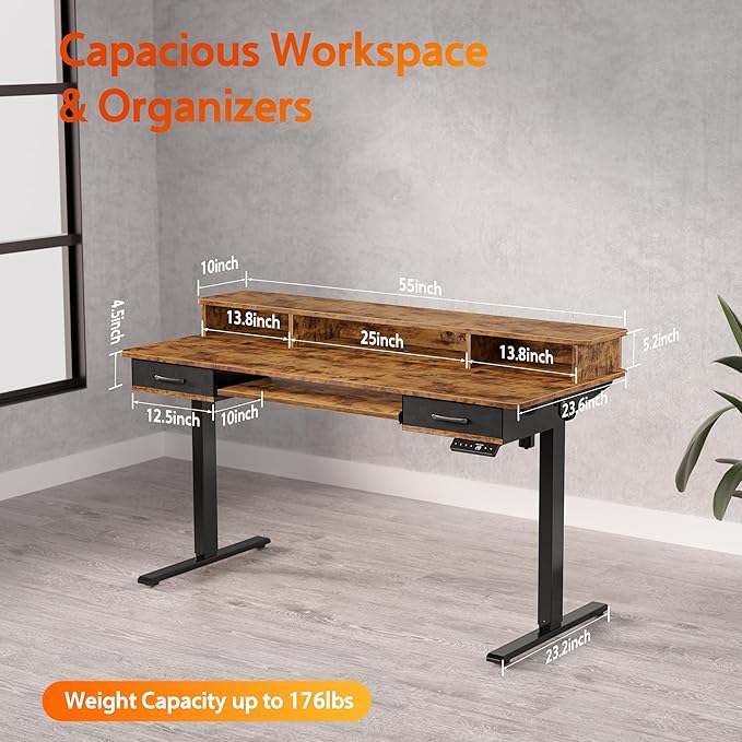 55x24 Inches Electric Standing Desk with Keyboard Tray, Height Adjustable Stand up Desk with 2 Drawers, Ergonomic Sit to Stand Desk with Storage Monitor Stand, Computer Table, Rustic Brown