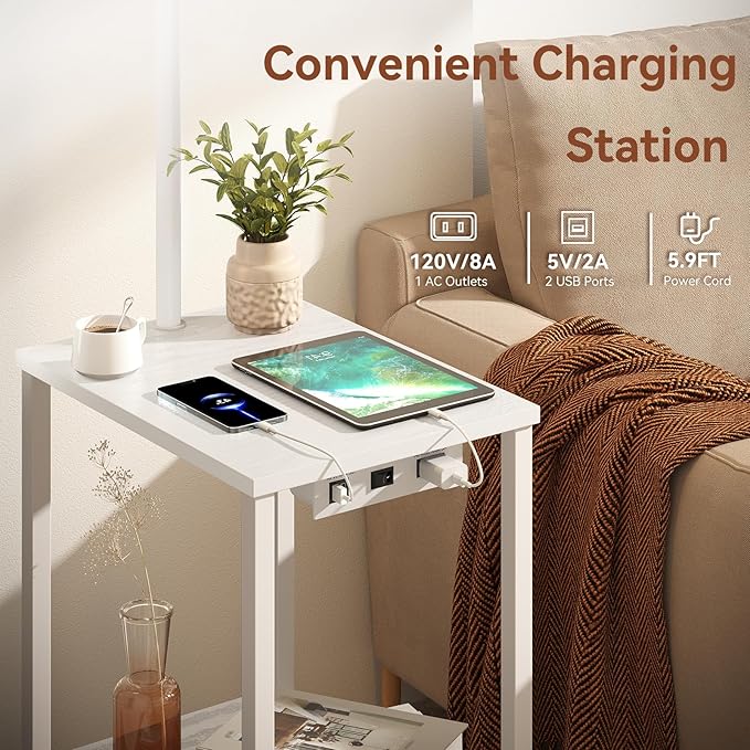 SUNMORY Floor Lamp with Table, End Table for Living Room with Lamp, Shelves Side Table with Charging Station(USB & AC Port), 3 Color Temperature LED Bulb, Modern Nightstand Lamp for Bedroom, Office